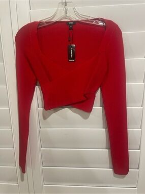 Express Red Long-Sleeve Wrap Ribbed Crop Top